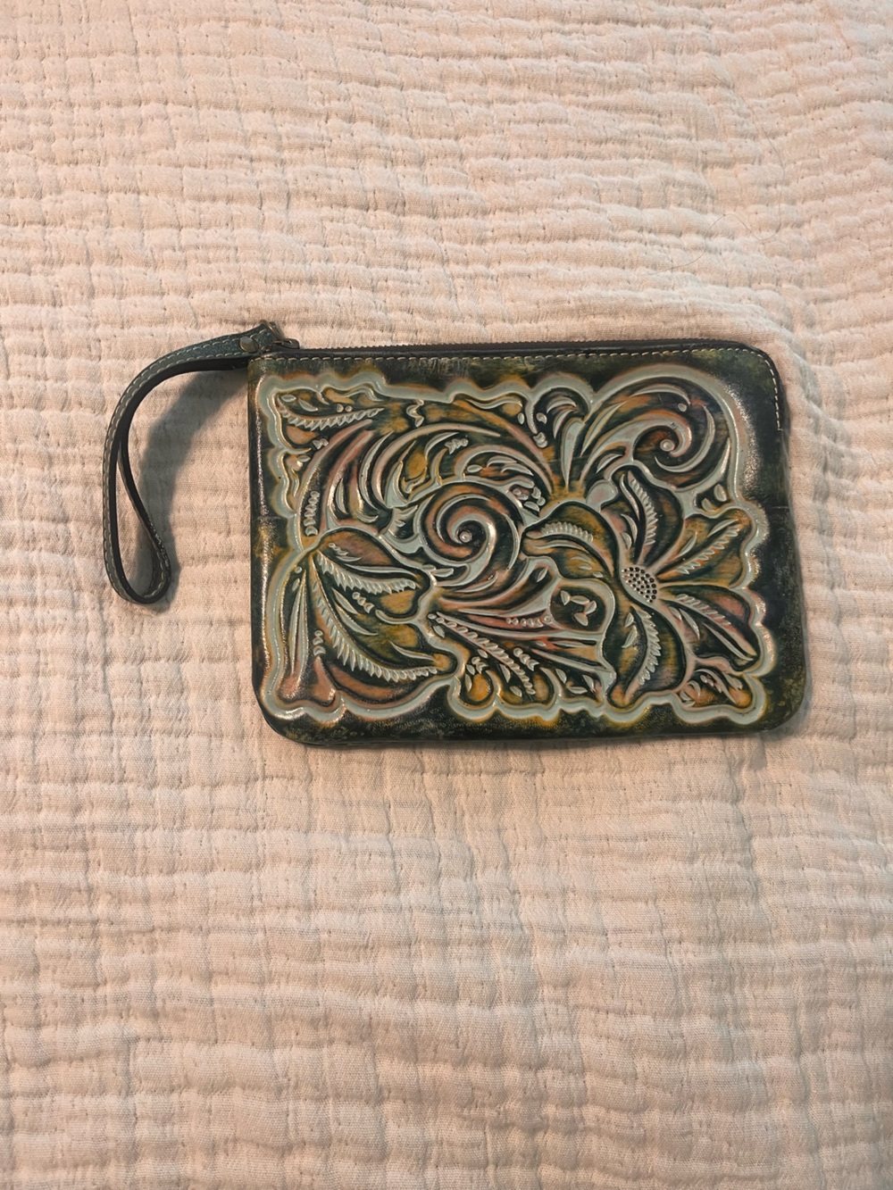 Patricia Nash Green Tooled Leather Wristlet Clutch
